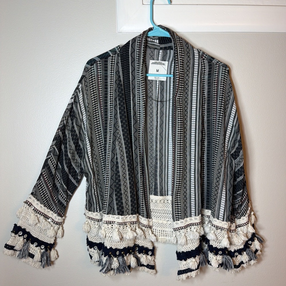 ZARA Open Cardigan Poncho Kimono Tassel Boho Trimmed Tribal Stripe Print size M